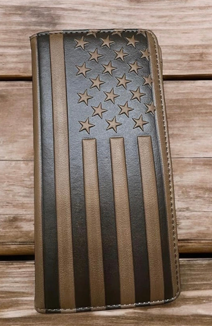 USA FLAG WALLET GENUINE LEATHER MENS CHECKBOOK WESTERN LEATHER CRAFT #EH