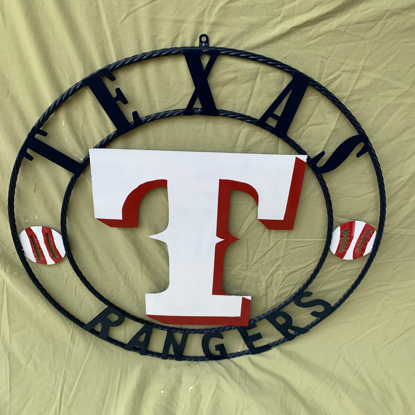 TEXAS RANGERS CUSTOM METAL VINTAGE CRAFT TEAM SIGN WHITE & RED & NAVY BLUE RING HANDMADE