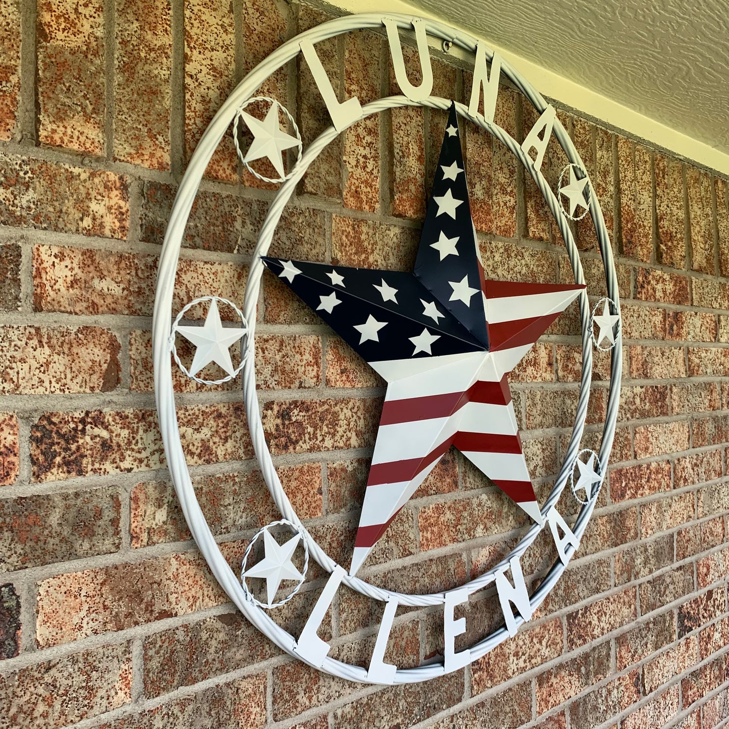 LUNA STYLE CUSTOM NAME BARN STAR METAL STAR 3d TWISTED ROPE RING WESTERN HOME DECOR USA FLAG STAR RED WHOTE & BLUE WITH WHITE RING HANDMADE 24",32",36",50"