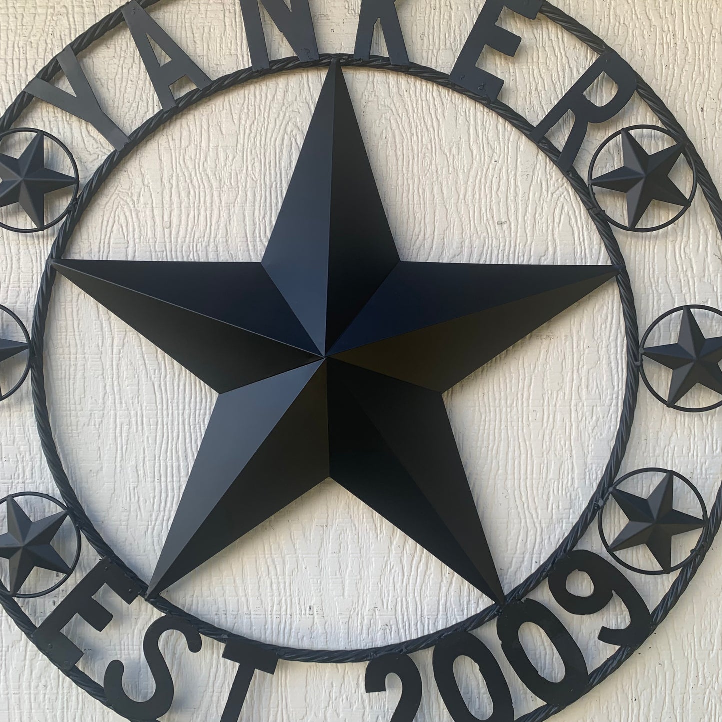 YANKER STYLE CUSTOM NAME STAR BARN METAL STAR 3d TWISTED ROPE RING WESTERN HOME DECOR RUSTIC BLACK HANDMADE 24",32",36",50"