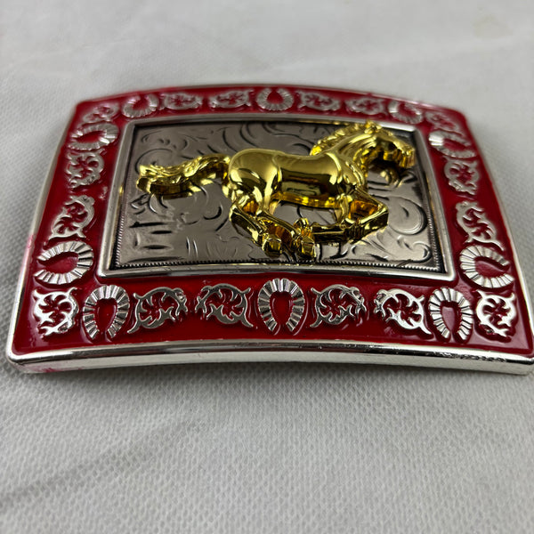 HORSE BELT BUCKLE GOLD SILVER & RED OUTLINE WESTERN METAL BUCKLE FASHION ART 4.5" X 3.5"  #EH12265