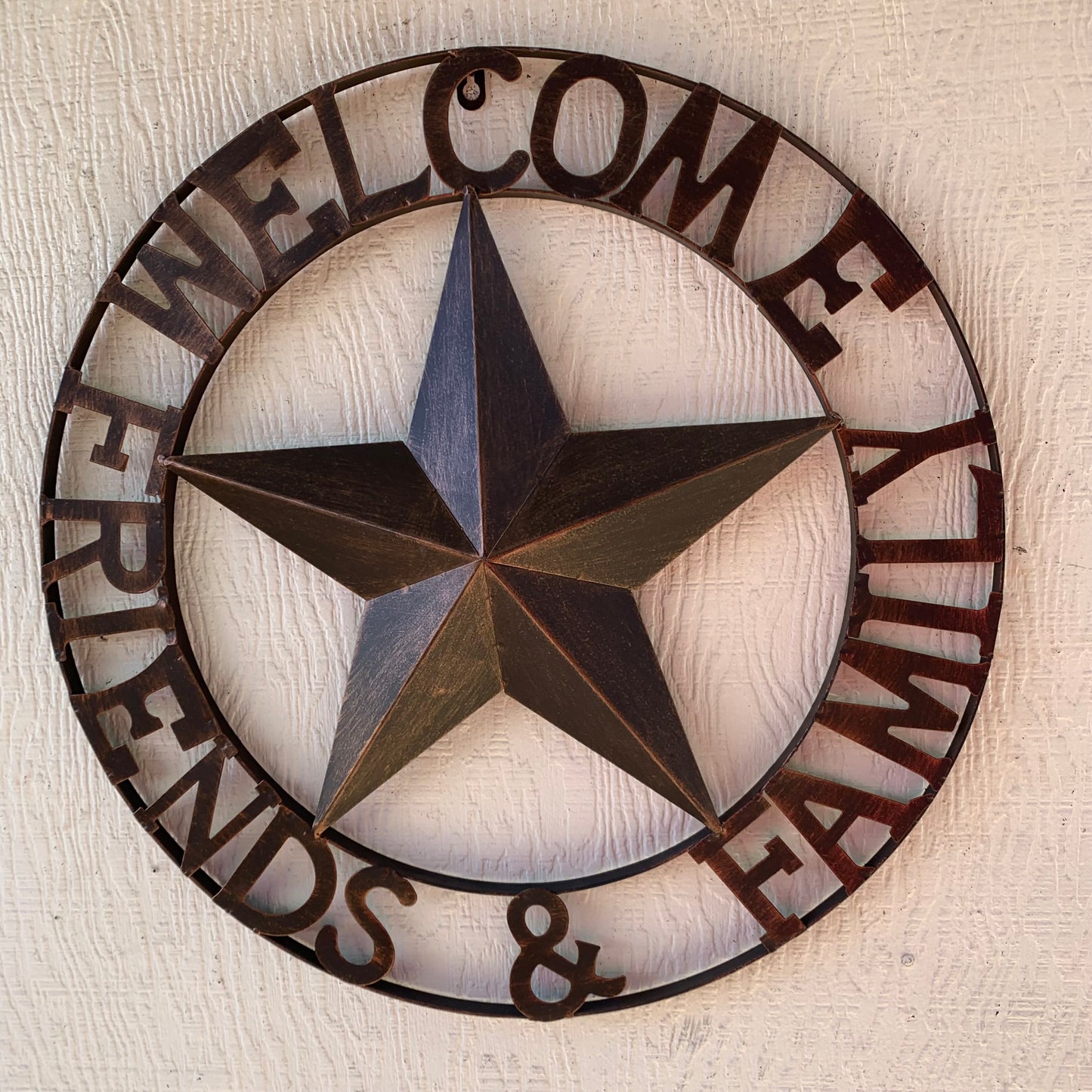 WELCOME FRIENDS FAMILY BARN METAL STAR WALL ART BRONZE WESTERN HOME DECOR HANDMADE NEW #EH13339