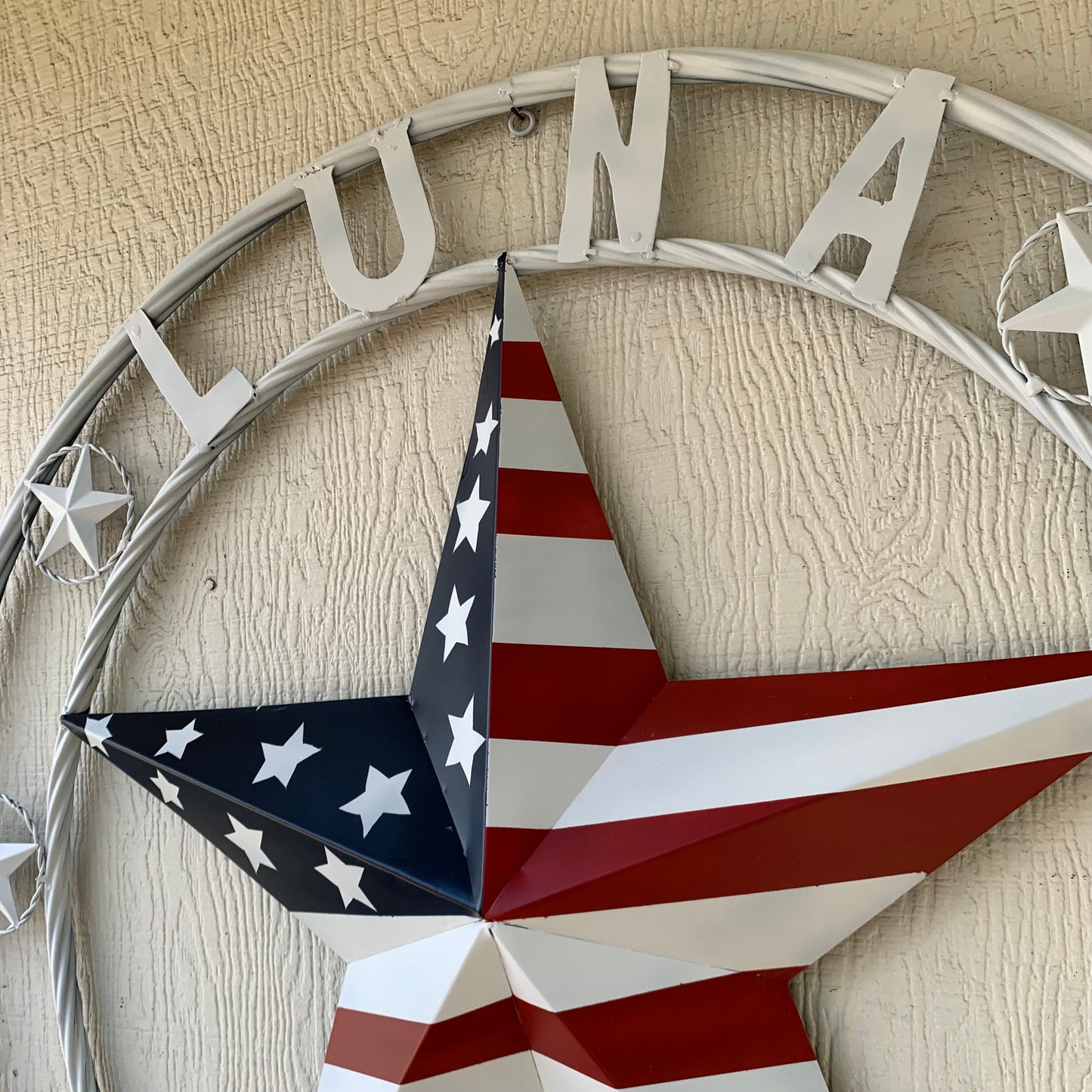 LUNA STYLE CUSTOM NAME BARN STAR METAL STAR 3d TWISTED ROPE RING WESTERN HOME DECOR USA FLAG STAR RED WHOTE & BLUE WITH WHITE RING HANDMADE 24",32",36",50"