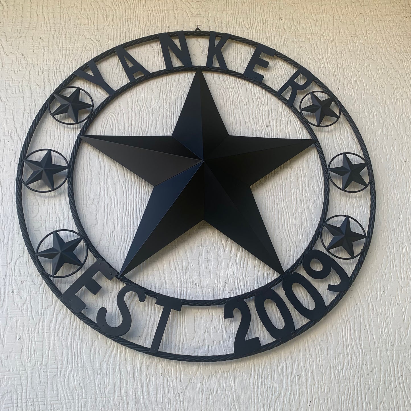 YANKER STYLE CUSTOM NAME STAR BARN METAL STAR 3d TWISTED ROPE RING WESTERN HOME DECOR RUSTIC BLACK HANDMADE 24",32",36",50"