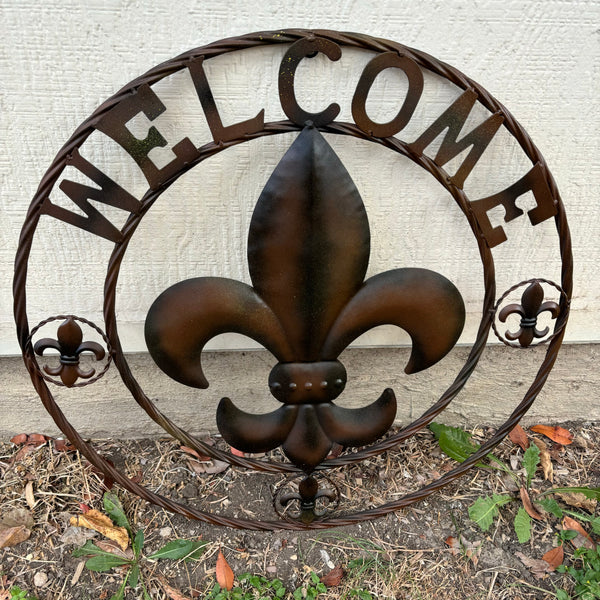 24" WELCOME FLEUR DE LIS METAL WALL ART WESTERN HOME DECOR BROWN NEW #EH11997