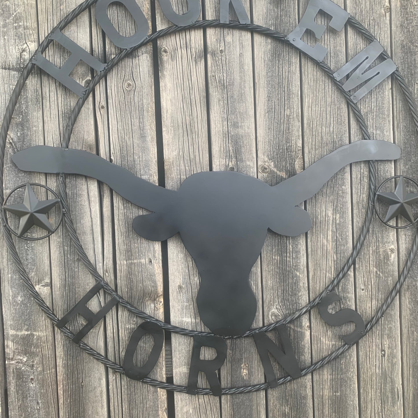 HOOKEM HORNS WITH LONE STAR TEXAS LONGHORNS HOOK EM BLACK METAL CUSTOM VINTAGE CRAFT WALL ART TEAM SIGN HANDMADE