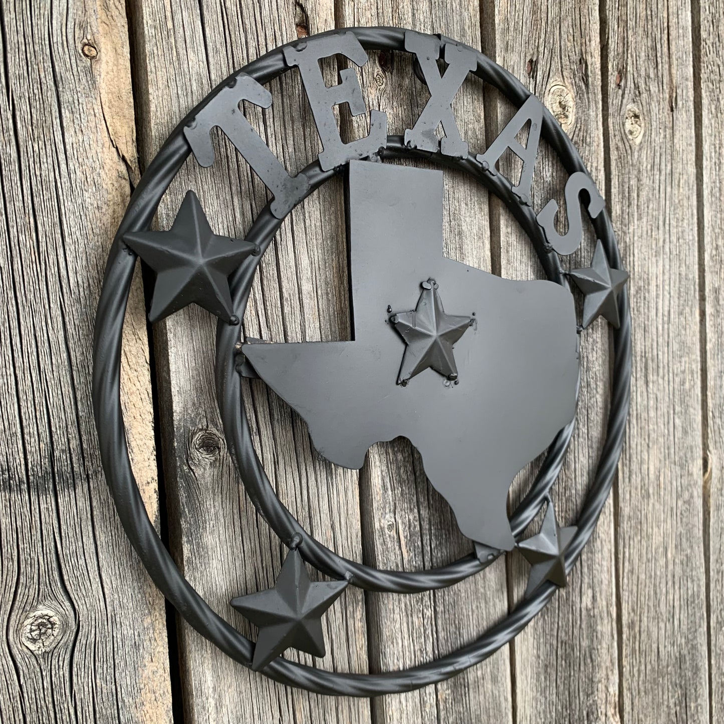 12" STATE OF TEXAS MAP RUSTIC BLACK TWISTED RING METAL SIGN WESTERN HOME DECOR HANDMADE NEW
