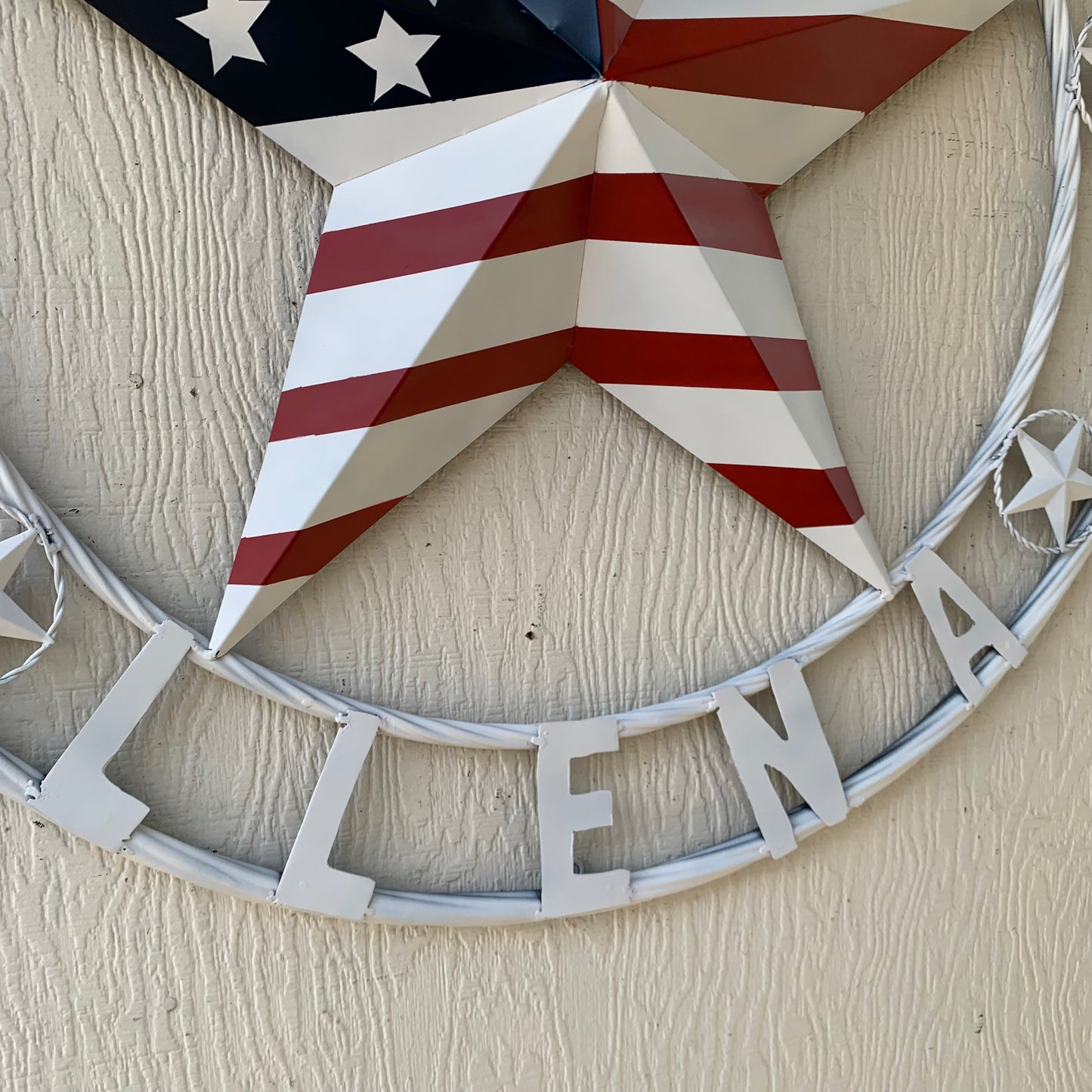 LUNA STYLE CUSTOM NAME BARN STAR METAL STAR 3d TWISTED ROPE RING WESTERN HOME DECOR USA FLAG STAR RED WHOTE & BLUE WITH WHITE RING HANDMADE 24",32",36",50"