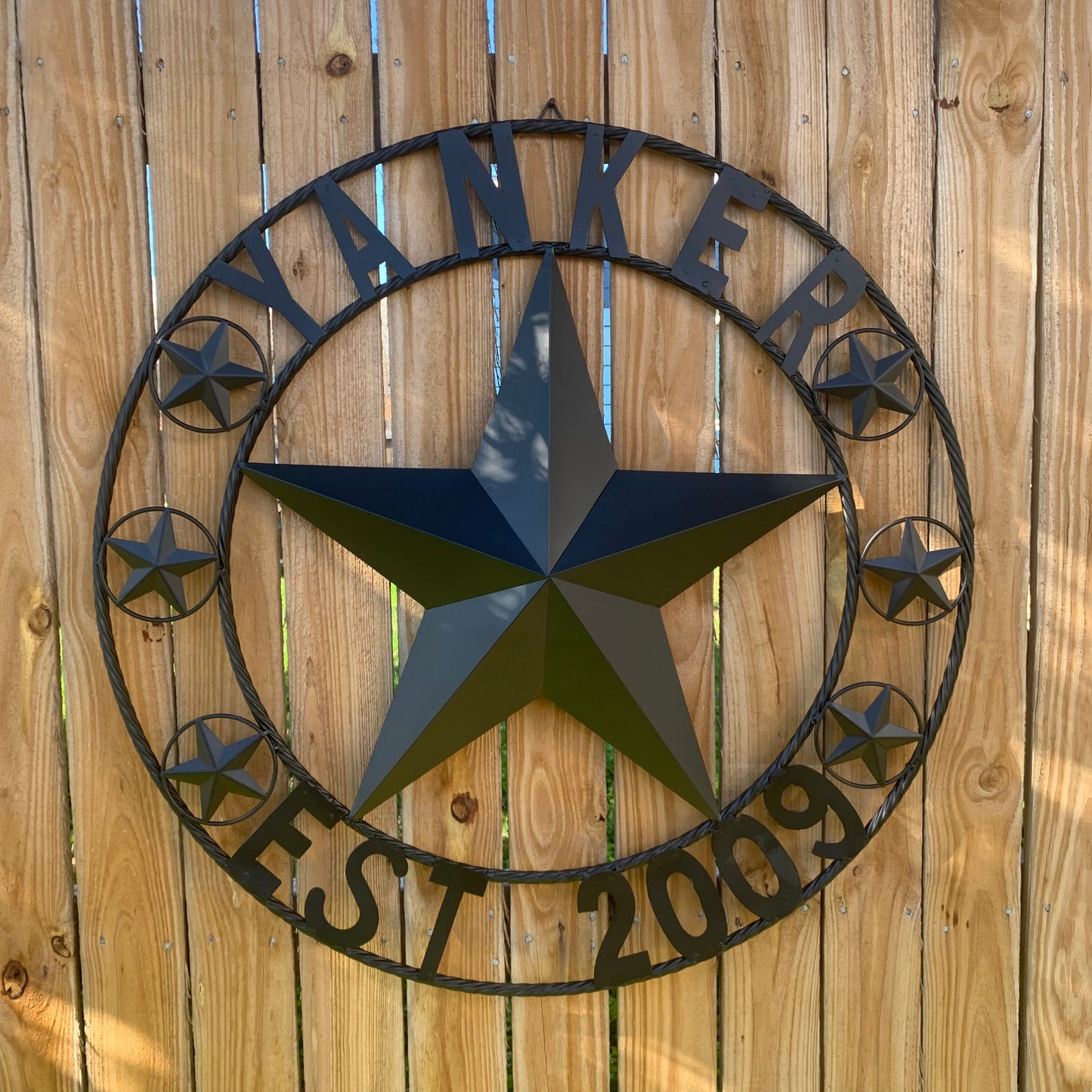 YANKER STYLE CUSTOM NAME STAR BARN METAL STAR 3d TWISTED ROPE RING WESTERN HOME DECOR RUSTIC BLACK HANDMADE 24",32",36",50"