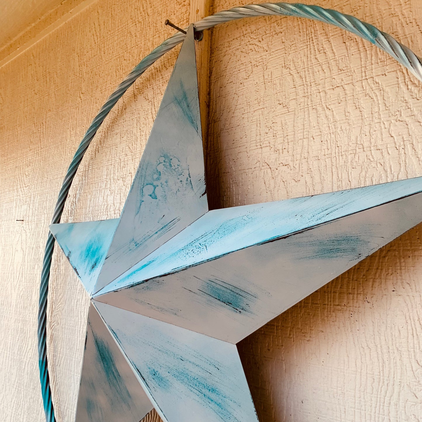 #EH11219 TURQUOISE WHITE DISTRESSED STAR TWO TONE TEXTURE BARN STAR METAL LONESTAR TWISTED ROPE RING WESTERN HOME DECOR HANDMADE NEW