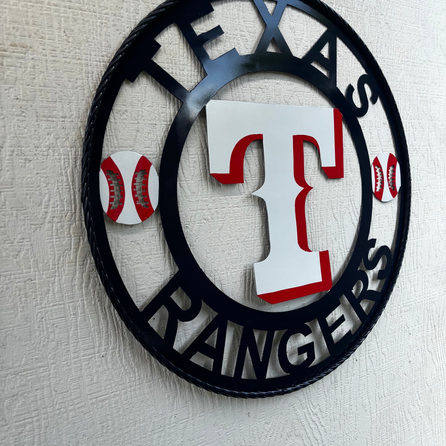 TEXAS RANGERS CUSTOM METAL VINTAGE CRAFT TEAM SIGN WHITE & RED & NAVY BLUE RING HANDMADE