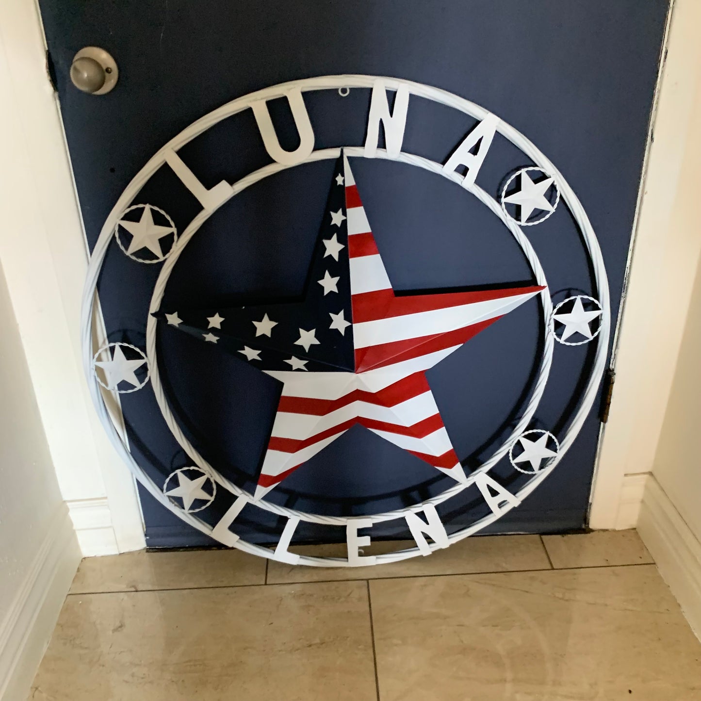 LUNA STYLE CUSTOM NAME BARN STAR METAL STAR 3d TWISTED ROPE RING WESTERN HOME DECOR USA FLAG STAR RED WHOTE & BLUE WITH WHITE RING HANDMADE 24",32",36",50"