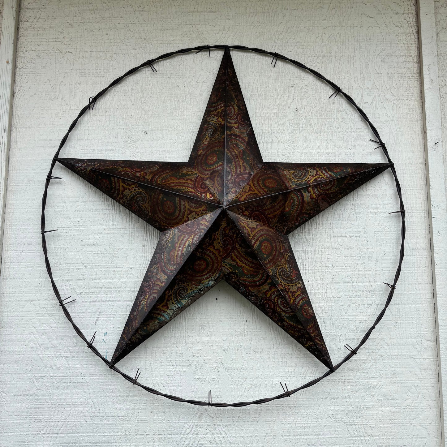 PAISLEY BARN STAR MULTI CLOR WITH BARBWIRE RING LONESTAR WESTERN HOME DECOR HANDMADE