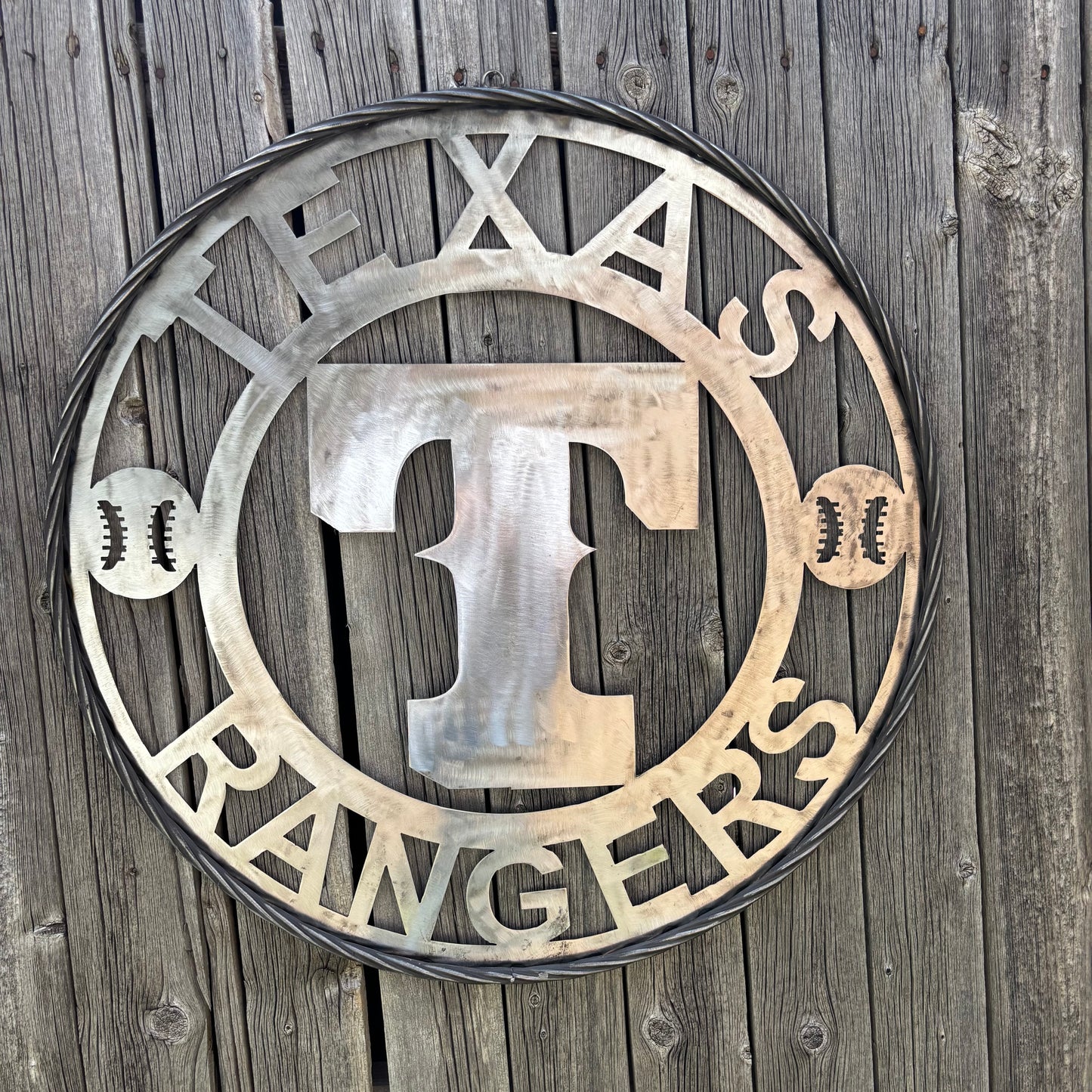 TEXAS RANGERS CUSTOM RAW METAL VINTAGE CRAFT TEAM SIGN TWISTED ROPE RING HANDMADE