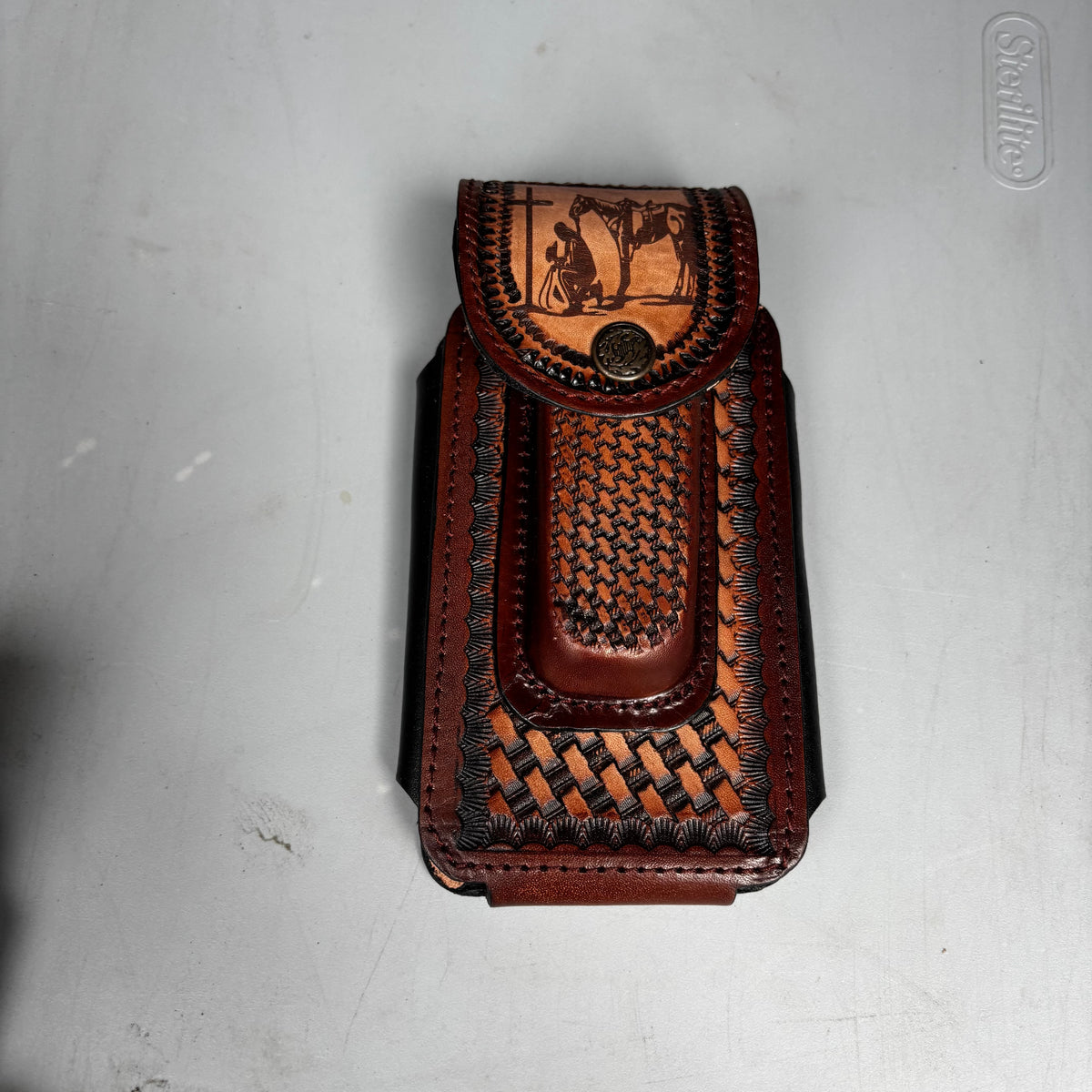 COWBOY PRAYER LEATHER HOLSTER 7" PHONE POUCH WITH KNIFE HOLDER FRONT EXTRA LARGE  BELT LOOP CELL PHONE CASE UNIVERSAL OVERSIZE MADE IN MEXICO #EH13861