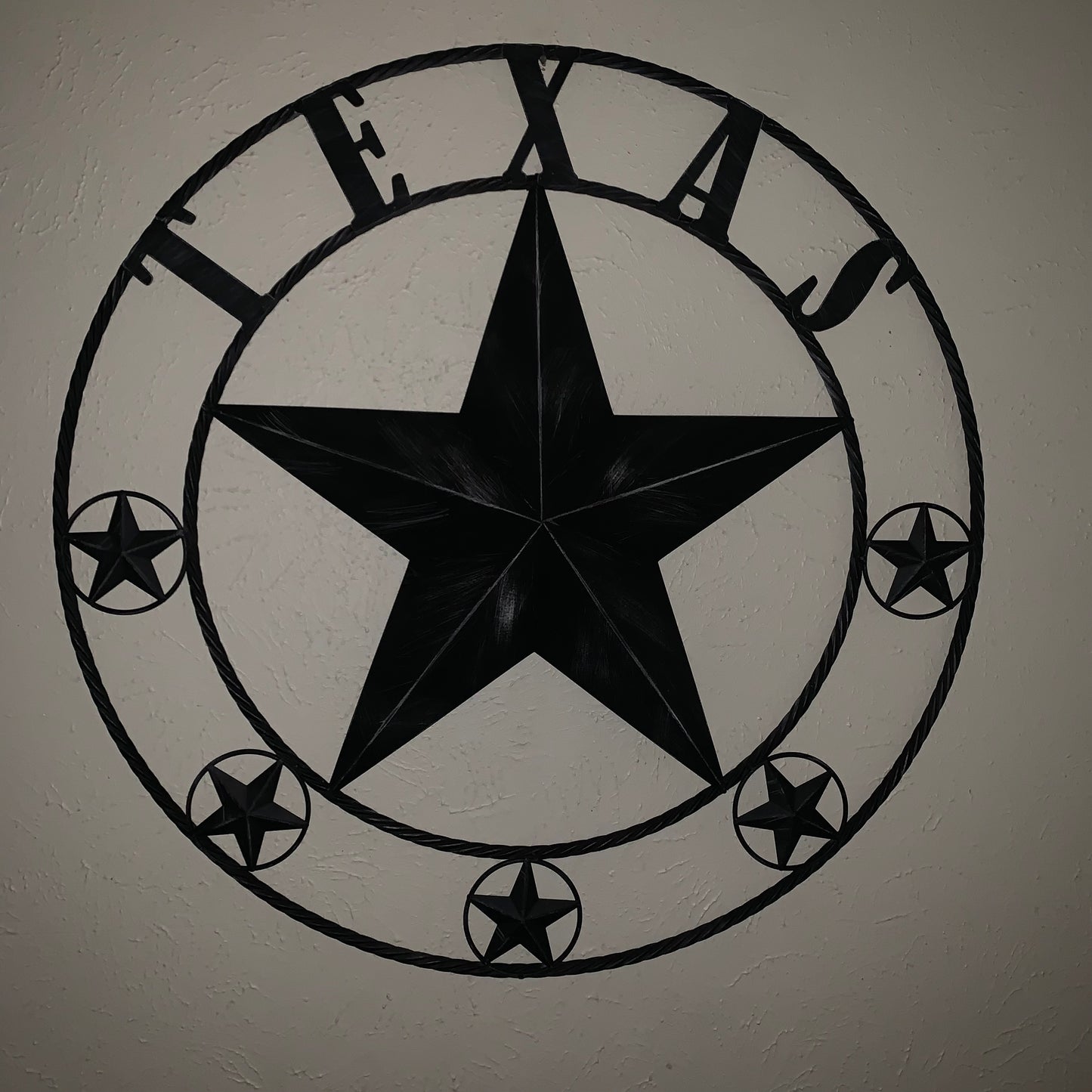 TEXAS BLACK DISTRESSED STAR TWO TONE TEXTURE BARN STAR METAL LONESTAR TWISTED ROPE RING WESTERN HOME DECOR HANDMADE NEW