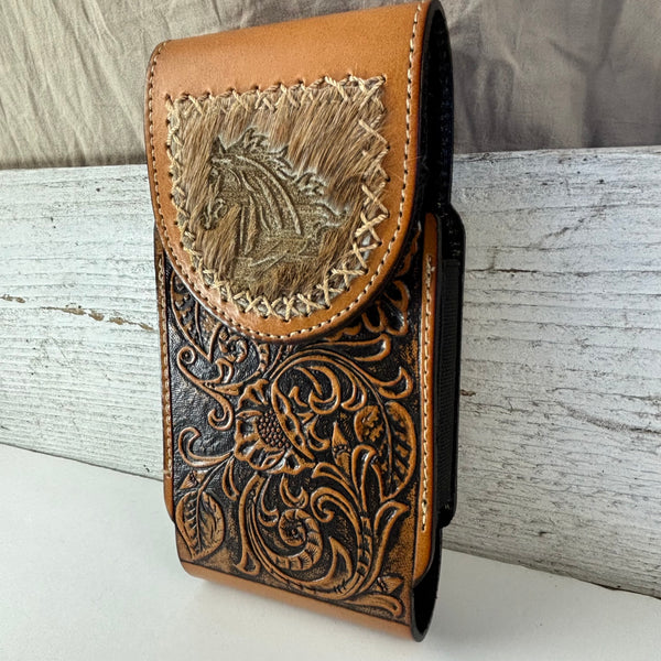 7" HORSE LEATHER HOLSTER TAN POUCH EXTRA LARGE  BELT LOOP CELL PHONE CASE UNIVERSAL OVERSIZE