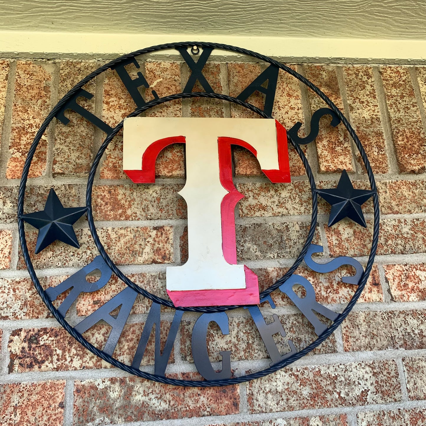 12", 18", 24", 32" TEXAS RANGERS BARN CUSTOM METAL VINTAGE CRAFT SIGN TEAM  WHITE & RED & NAVY BLUE RING & STAR HANDMADE