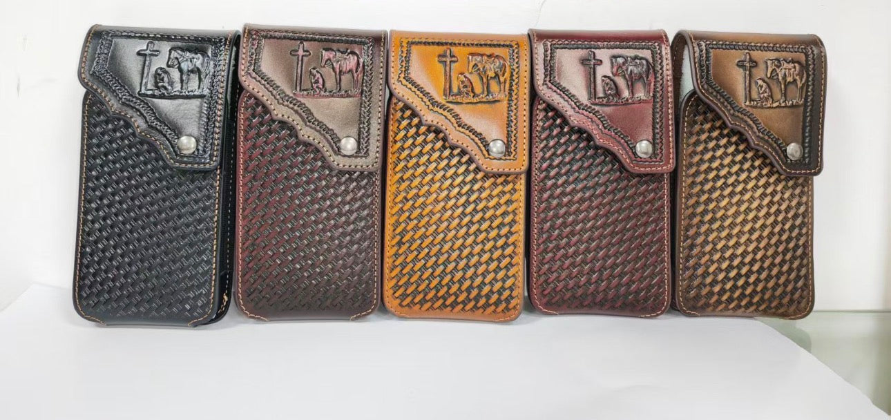 7" COWBOY PRAYER PHONE HOLSTER LEATHER LARGE BELT LOOP CASE UNIVERSAL #EH13817