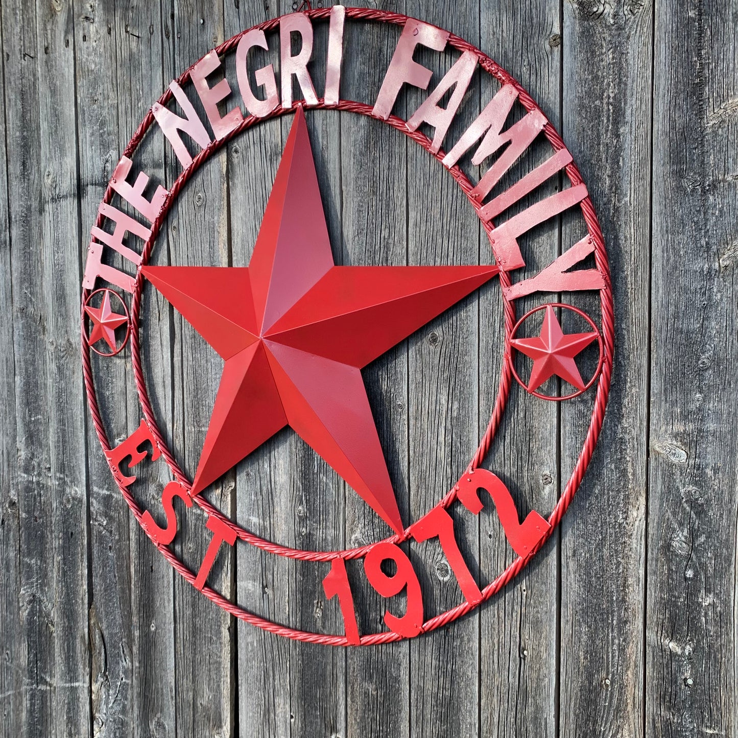 NEGRI FAMILY STYLE YOUR CUSTOM NAME STAR BARN STAR METAL LONE STAR WESTERN HOME DECOR RUSTIC BURGUNDY RED HANDMADE 24",32",36",50"