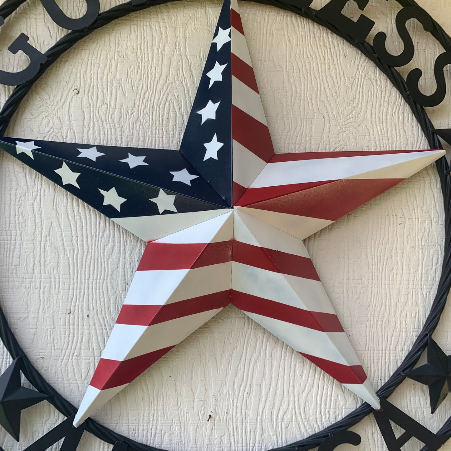 GOD BLESS AMERICA USA FLAG 3d STAR METAL BARN STAR BLACK TWISTED ROPE RING WALL ART WESTERN HOME DECOR RED WHITE & BLUE HANDMADE NEW #EH10490