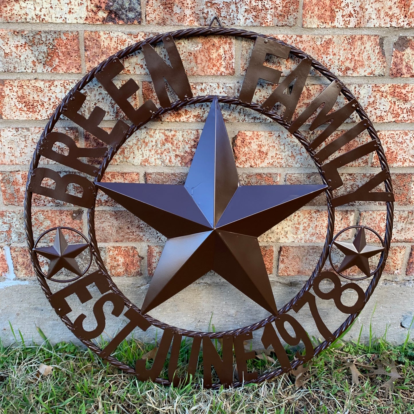 BREEN FAMILY STYLE CUSTOM NAME STAR BARN METAL STAR 3d TWISTED ROPE RING WESTERN HOME DECOR RUSTIC BROWN HANDMADE 24",32",36",50"