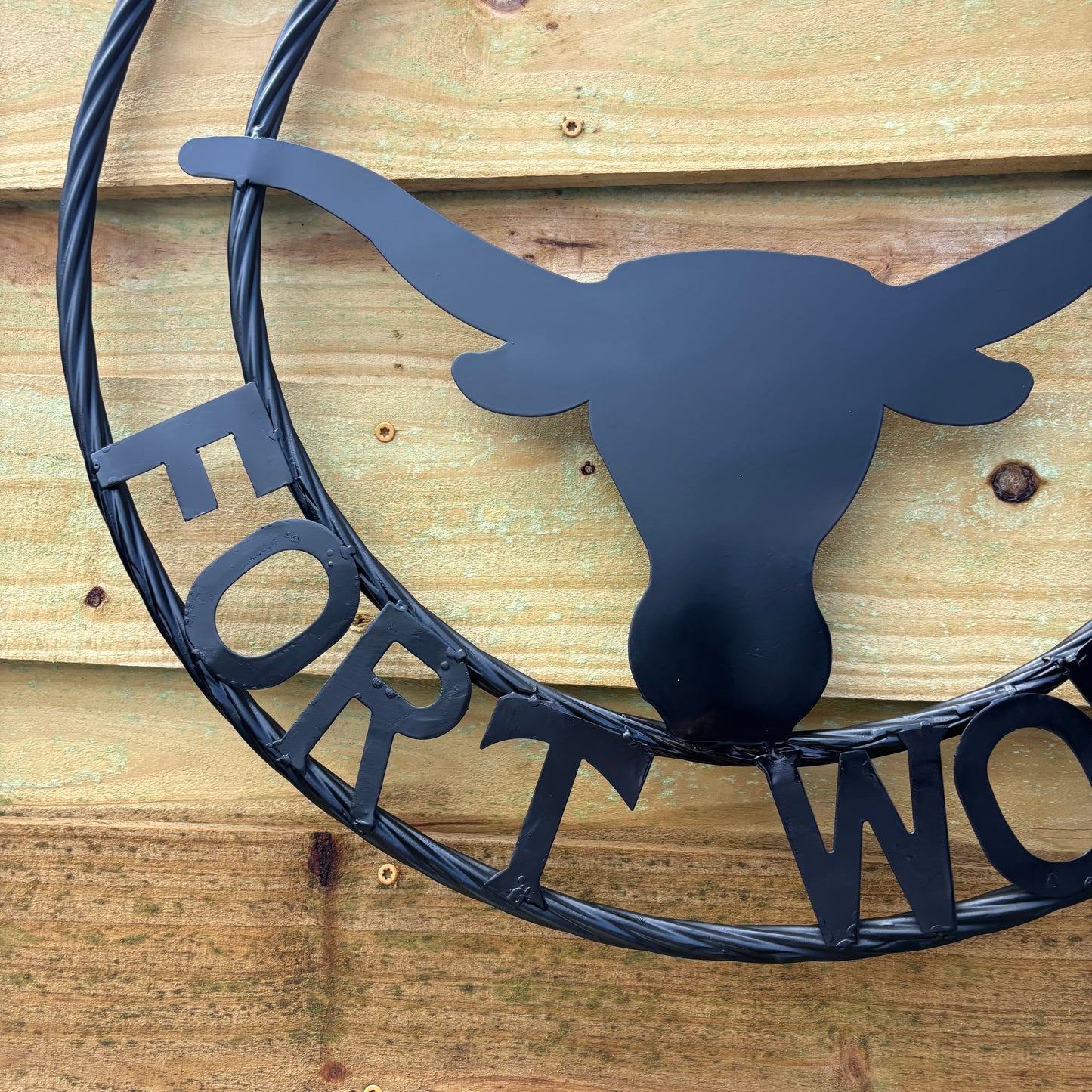 TEXAS FORT WORTH METAL SIGN LONGHORNS BLACK WESTERN HOME DECOR HANDMADE