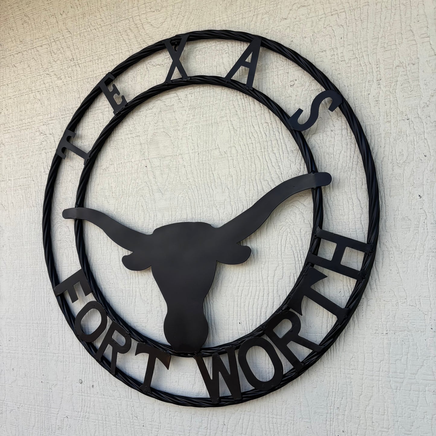 TEXAS FORT WORTH METAL SIGN LONGHORNS BLACK WESTERN HOME DECOR HANDMADE