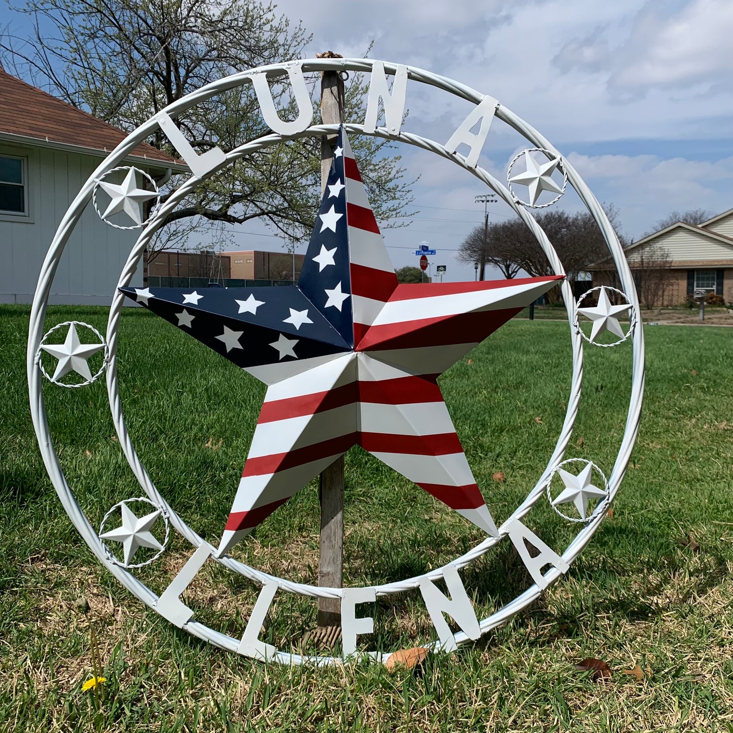 LUNA STYLE CUSTOM NAME BARN STAR METAL STAR 3d TWISTED ROPE RING WESTERN HOME DECOR USA FLAG STAR RED WHOTE & BLUE WITH WHITE RING HANDMADE 24",32",36",50"