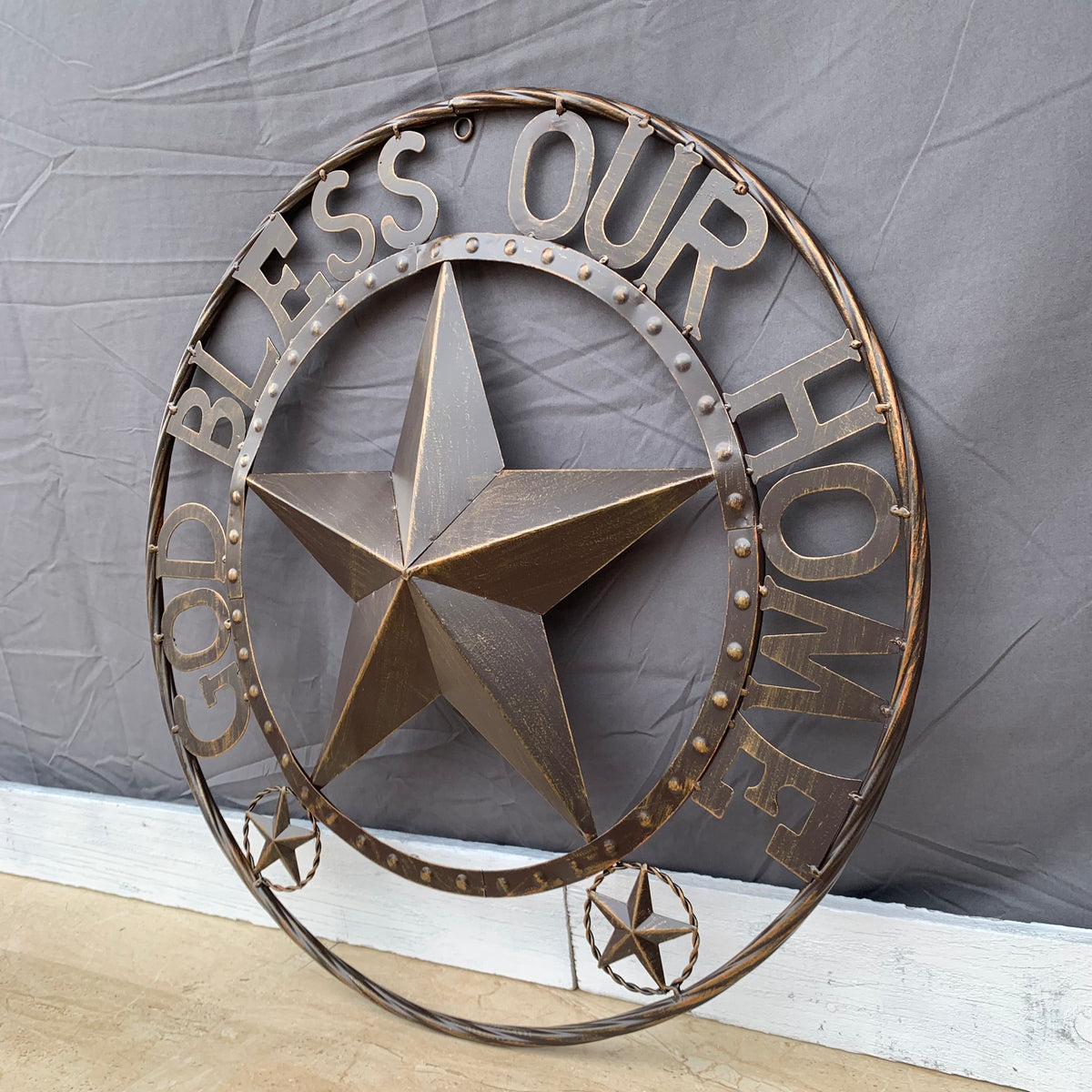 24" GOD BLESS OUR HOME BEADED STAR COLIBROX METAL TWISTED ROPE RING LONE STAR WALL ART WESTERN HOME DECOR RUSTIC DARK BRONZE COPPER HANDMADE NEW