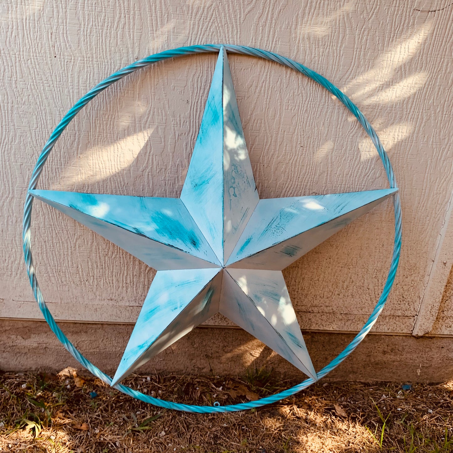 #EH11219 TURQUOISE WHITE DISTRESSED STAR TWO TONE TEXTURE BARN STAR METAL LONESTAR TWISTED ROPE RING WESTERN HOME DECOR HANDMADE NEW