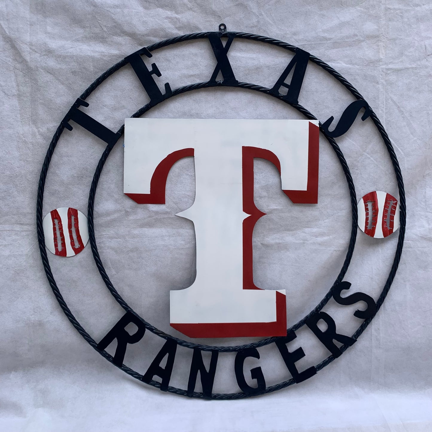 TEXAS RANGERS CUSTOM METAL VINTAGE CRAFT TEAM SIGN WHITE & RED & NAVY BLUE RING HANDMADE