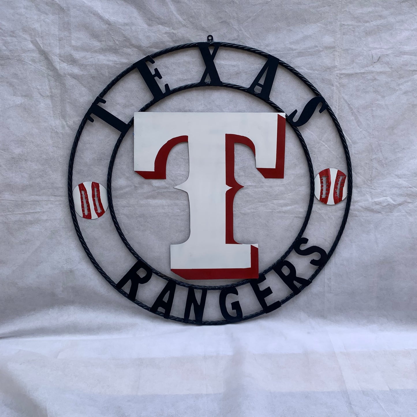 TEXAS RANGERS CUSTOM METAL VINTAGE CRAFT TEAM SIGN WHITE & RED & NAVY BLUE RING HANDMADE