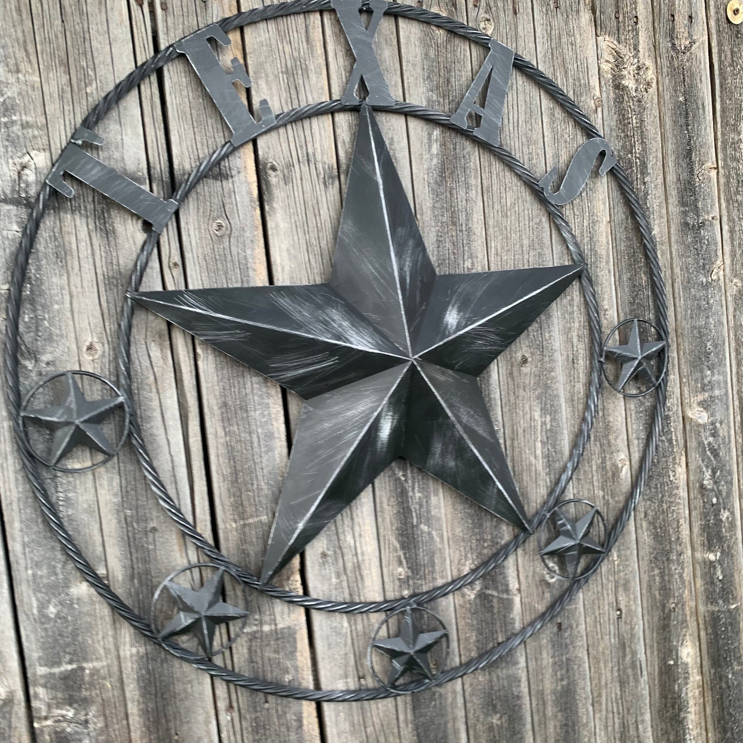 TEXAS BLACK DISTRESSED STAR TWO TONE TEXTURE BARN STAR METAL LONESTAR TWISTED ROPE RING WESTERN HOME DECOR HANDMADE NEW