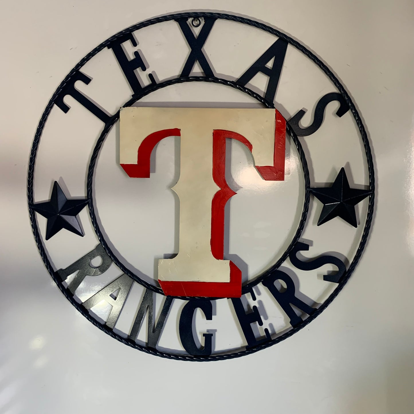 12", 18", 24", 32" TEXAS RANGERS BARN CUSTOM METAL VINTAGE CRAFT SIGN TEAM  WHITE & RED & NAVY BLUE RING & STAR HANDMADE