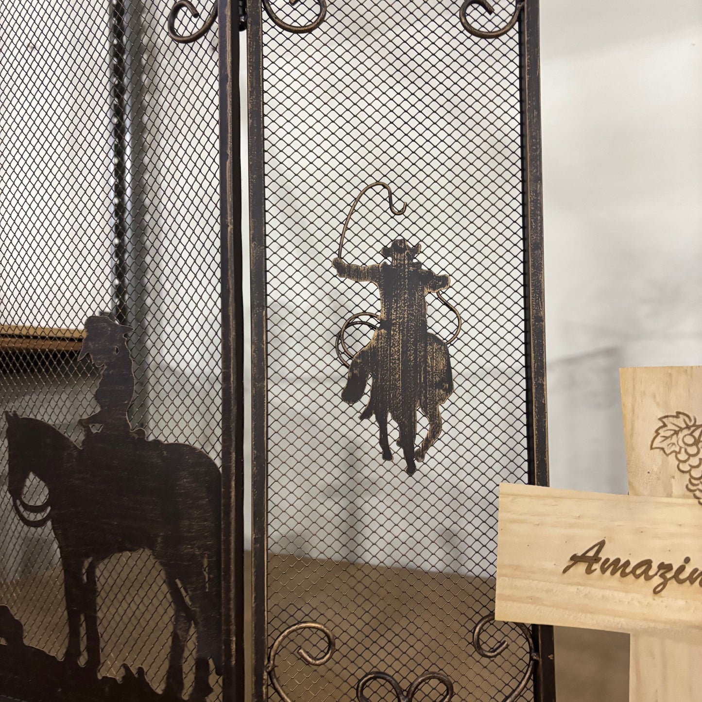 PRAYING COWBOY CHURCH METAL FIREPLACE SCREEN 39" X 34" WESTERN HOME DECOR HANDMADE #EH80004