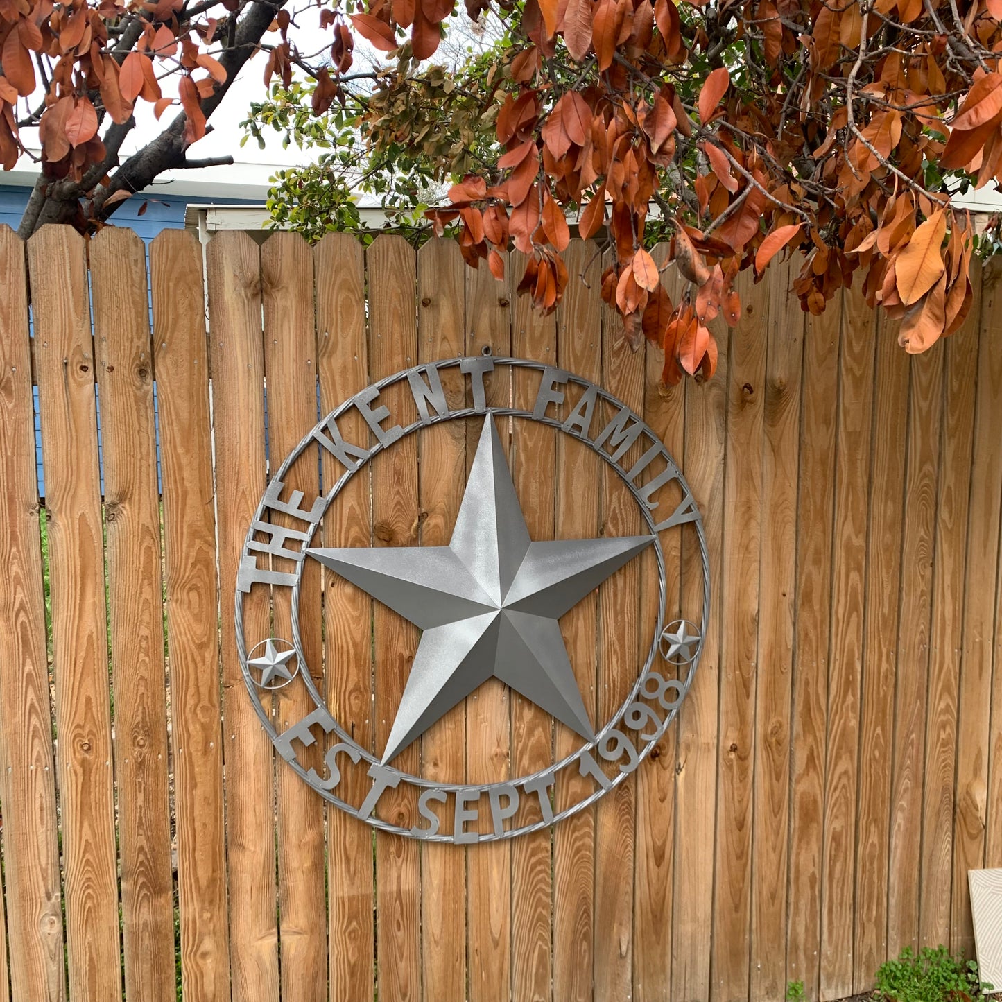 KENT STYLE CUSTOM STAR NAME BARN METAL STAR 3d TWISTED ROPE RING WESTERN HOME DECOR RUSTIC GREY SILVER HANDMADE 24",32",36",50"