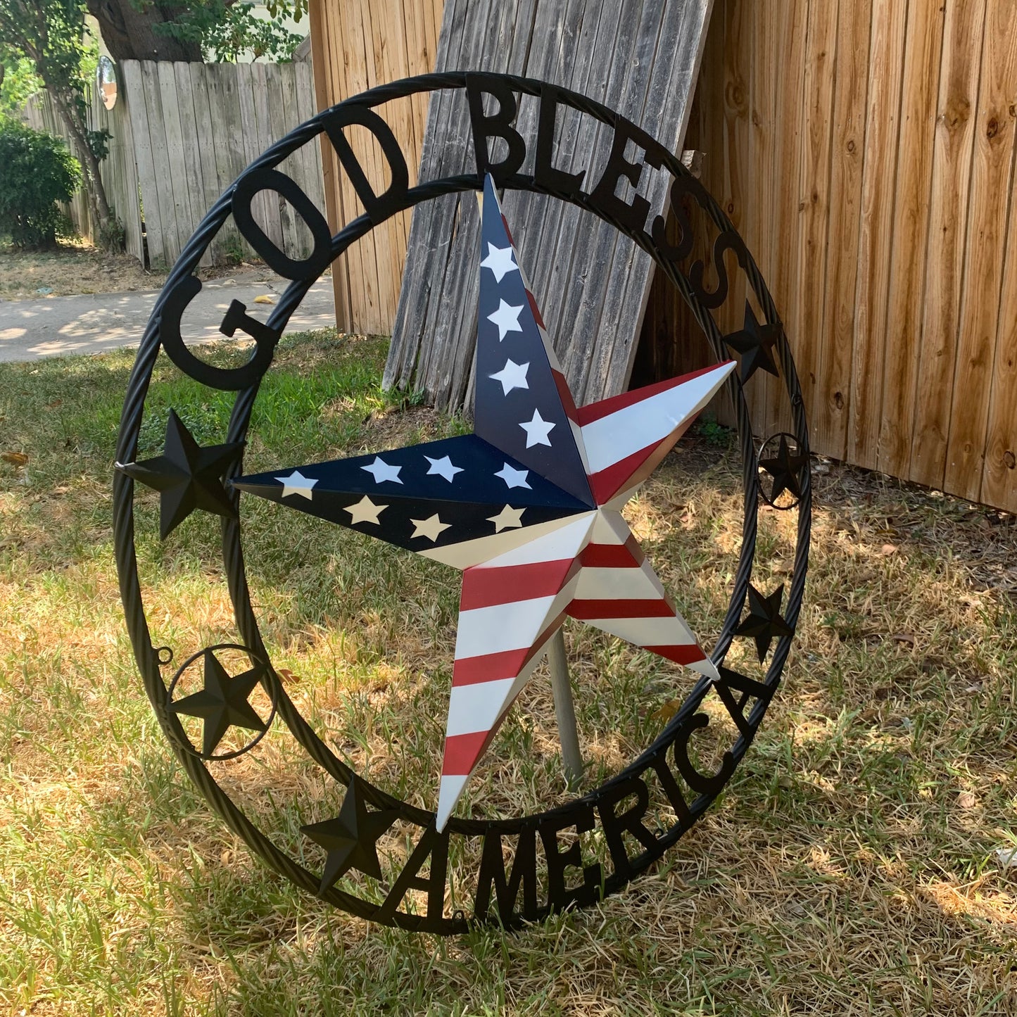 GOD BLESS AMERICA USA FLAG 3d STAR METAL BARN STAR BLACK TWISTED ROPE RING WALL ART WESTERN HOME DECOR RED WHITE & BLUE HANDMADE NEW #EH10490