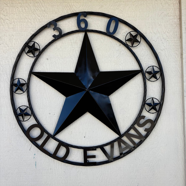 360 OLD EVANS STYLE CUSTOM STAR NAME BARN METAL STAR 3d TWISTED ROPE RING WESTERN HOME DECOR RUSTIC BLACK HANDMADE 24",32",36",50"