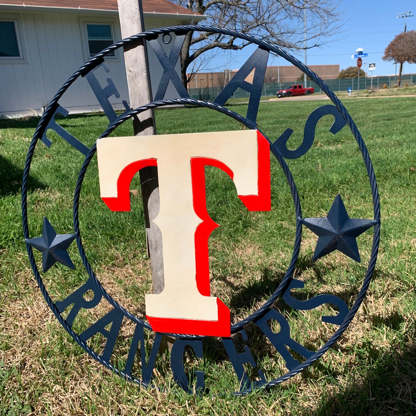 12", 18", 24", 32" TEXAS RANGERS BARN CUSTOM METAL VINTAGE CRAFT SIGN TEAM  WHITE & RED & NAVY BLUE RING & STAR HANDMADE