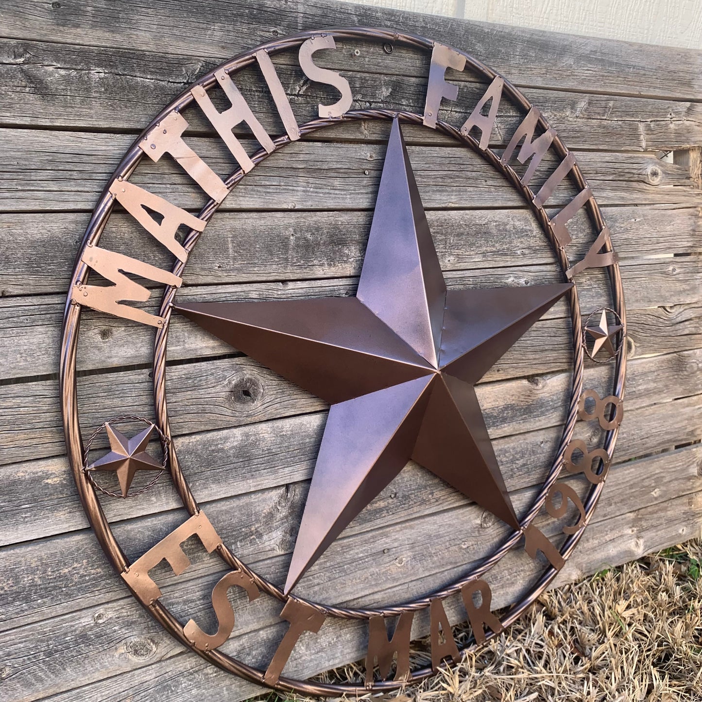 MATHIS STYLE CUSTOM NAME STAR BARN STAR 3d METAL LONESTAR TWISTED ROPE RING WESTERN HOME DECOR RUSTIC BRONZE COPPER HANDMADE 24",32",36",50"