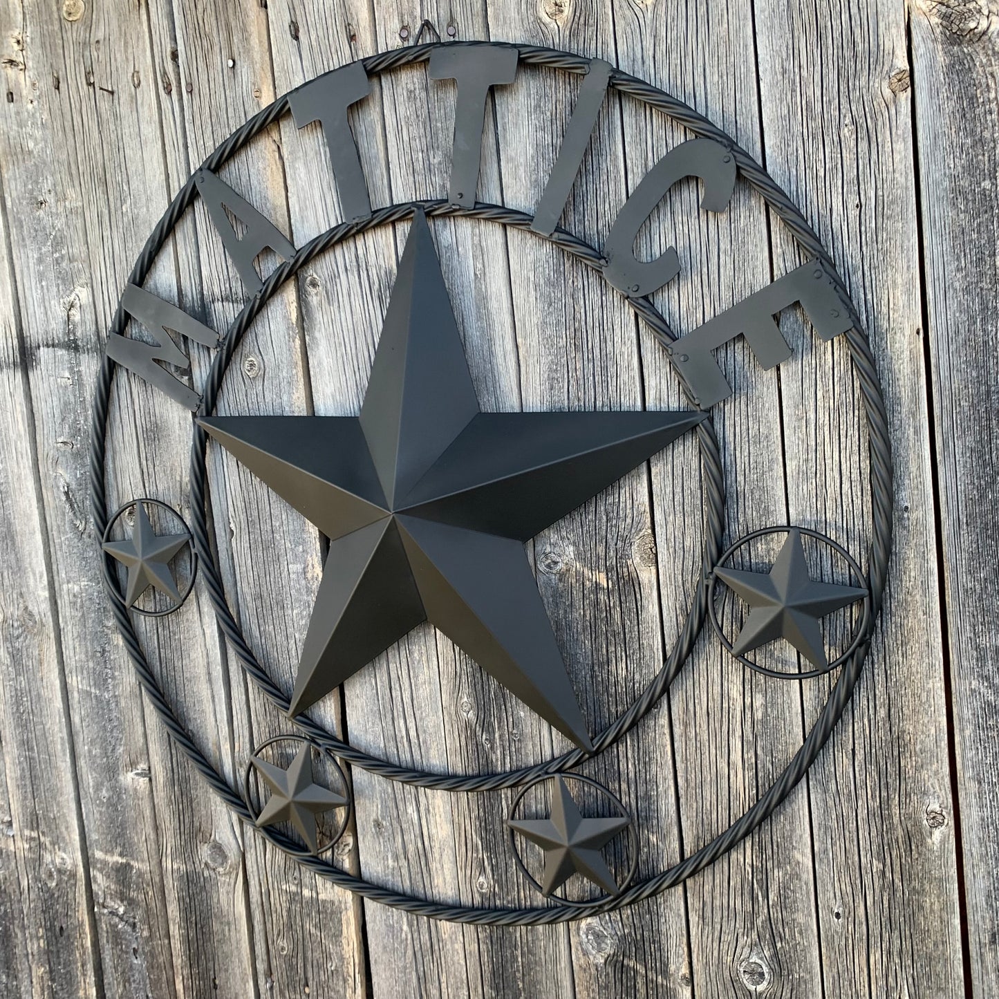 MATTICE STYLE BLACK STAR YOUR CUSTOM NAME BARN METAL STAR 3d TWISTED ROPE RING WESTERN HOME DECOR HANDMADE 24",32",36",50"