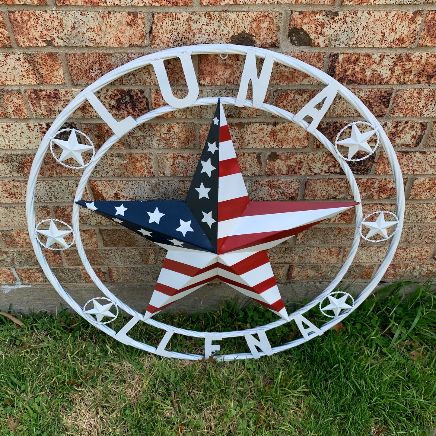 LUNA STYLE CUSTOM NAME BARN STAR METAL STAR 3d TWISTED ROPE RING WESTERN HOME DECOR USA FLAG STAR RED WHOTE & BLUE WITH WHITE RING HANDMADE 24",32",36",50"