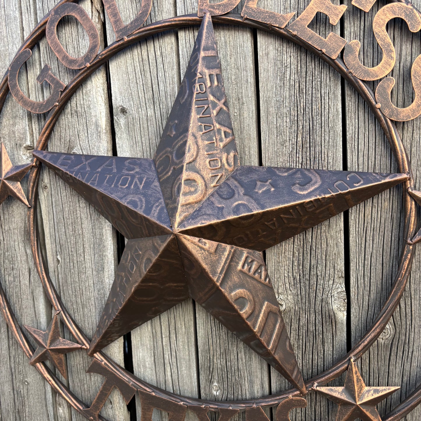 GOD BLESS TEXAS LICENSE PLATE EMBOSSED STAR BARN STAR METAL LONE STAR WESTERN HOME DECOR HANDMADE