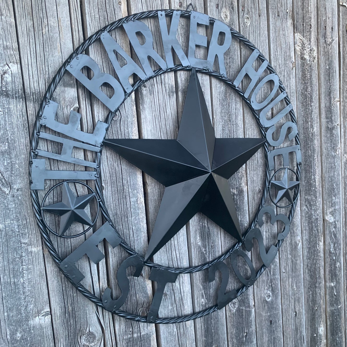 BARKER STYLE CUSTOM NAME STAR BARN METAL STAR 3d TWISTED ROPE RING LONESTAR WESTERN HOME DECOR RUSTIC BLACK HANDMADE 24",32",36",50"