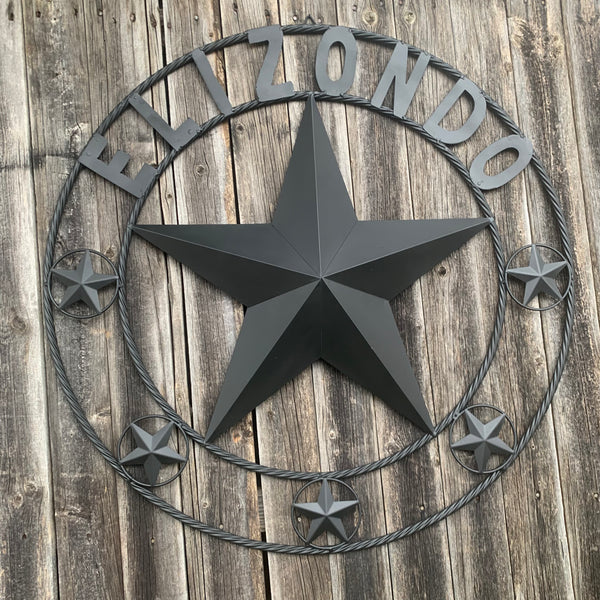 ELIZONDO STYLE CUSTOM NAME STAR BARN METAL STAR 3d TWISTED ROPE RING WESTERN HOME DECOR RUSTIC BLACK HANDMADE 24",32",36",50"