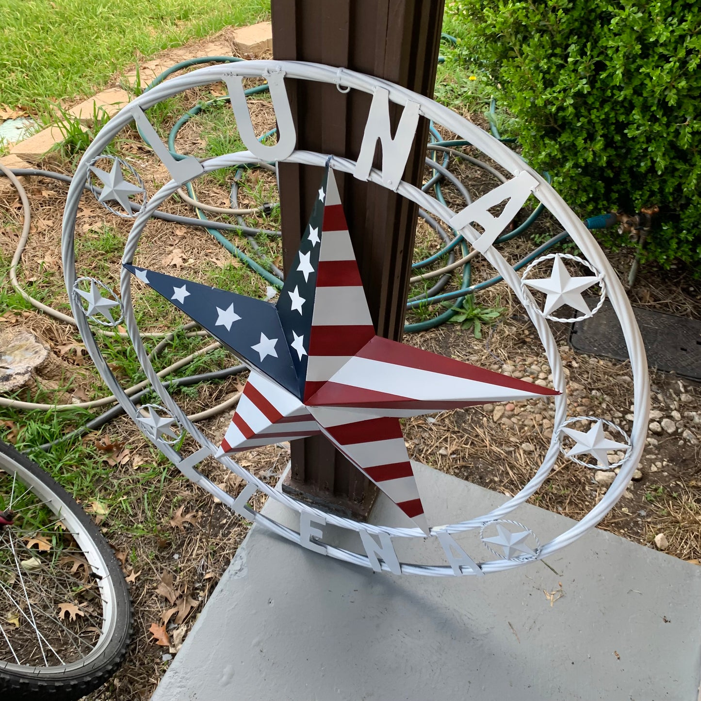 LUNA STYLE CUSTOM NAME BARN STAR METAL STAR 3d TWISTED ROPE RING WESTERN HOME DECOR USA FLAG STAR RED WHOTE & BLUE WITH WHITE RING HANDMADE 24",32",36",50"
