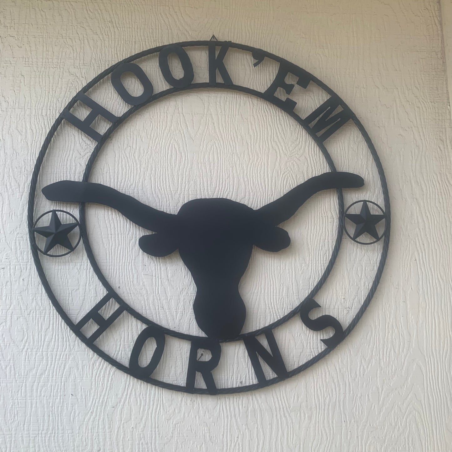 HOOKEM HORNS WITH LONE STAR TEXAS LONGHORNS HOOK EM BLACK METAL CUSTOM VINTAGE CRAFT WALL ART TEAM SIGN HANDMADE