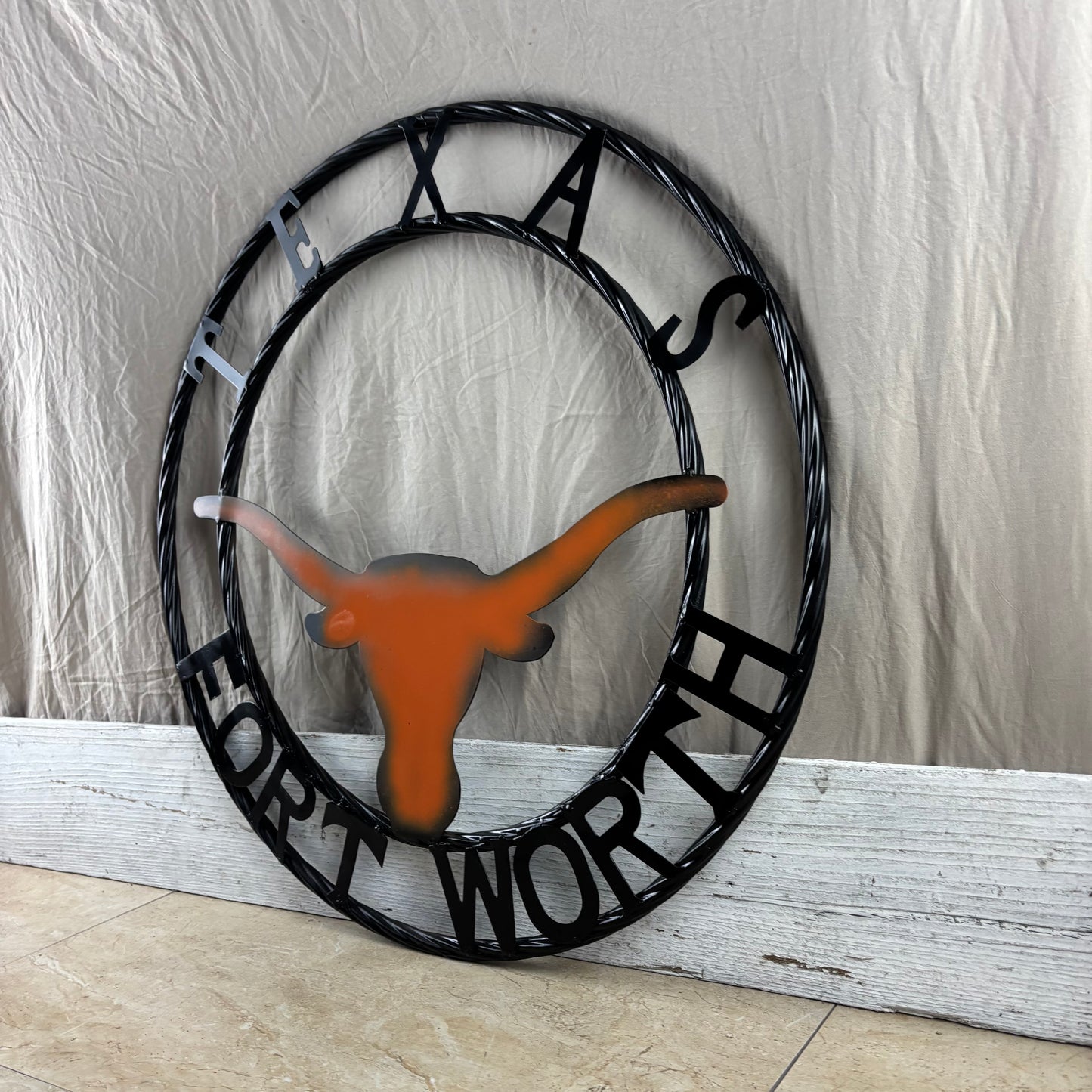 TEXAS FORT WORTH METAL SIGN LONGHORNS ORANGE WESTERN HOME DECOR HANDMADE
