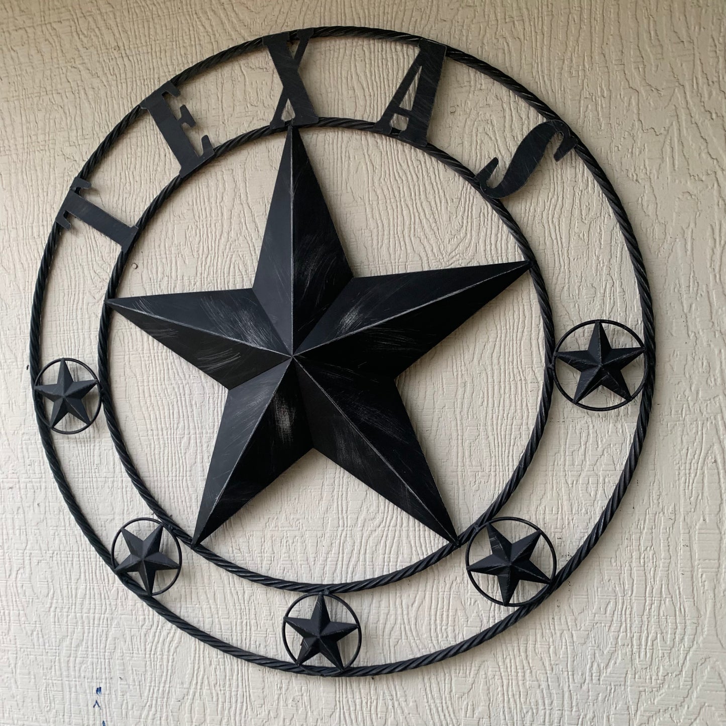 TEXAS BLACK DISTRESSED STAR TWO TONE TEXTURE BARN STAR METAL LONESTAR TWISTED ROPE RING WESTERN HOME DECOR HANDMADE NEW